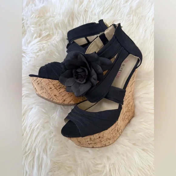 JustFab Black Wedge Sandals with Floral Accent - Picture 2 of 6